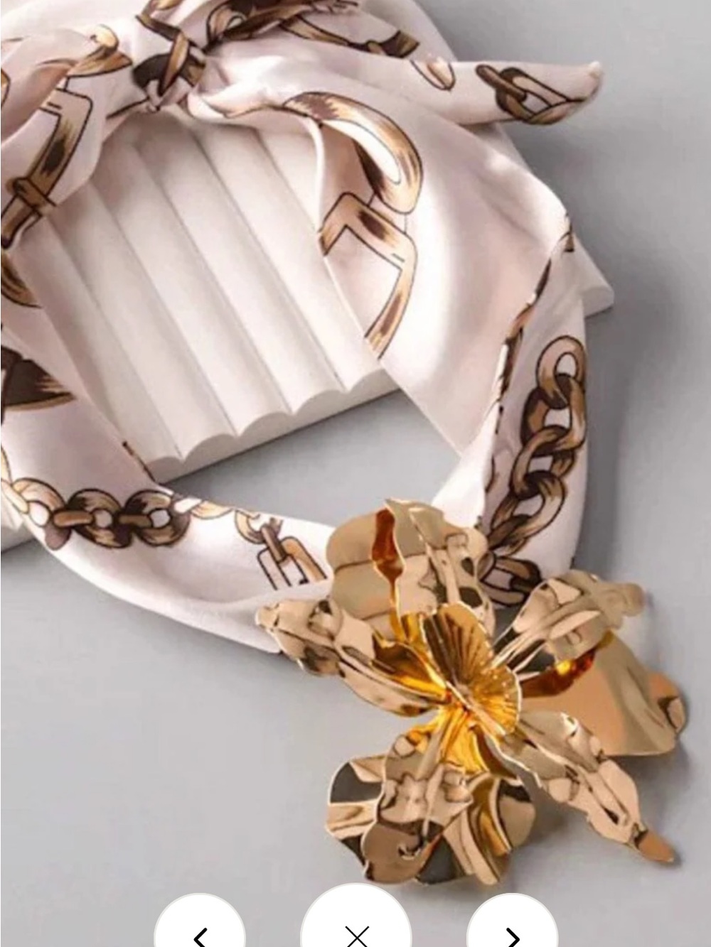 Gold Floral Pendant Scarf Necklace on Cream Chain-Print Silk